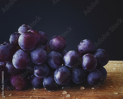 Canvastavla Ripe juicy dark grapes on wooden desk, food and wine, organic fruits