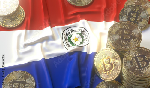 Flag of Paraguay and bitcoin coins or tokens, cryptocurrency related 3D rendering