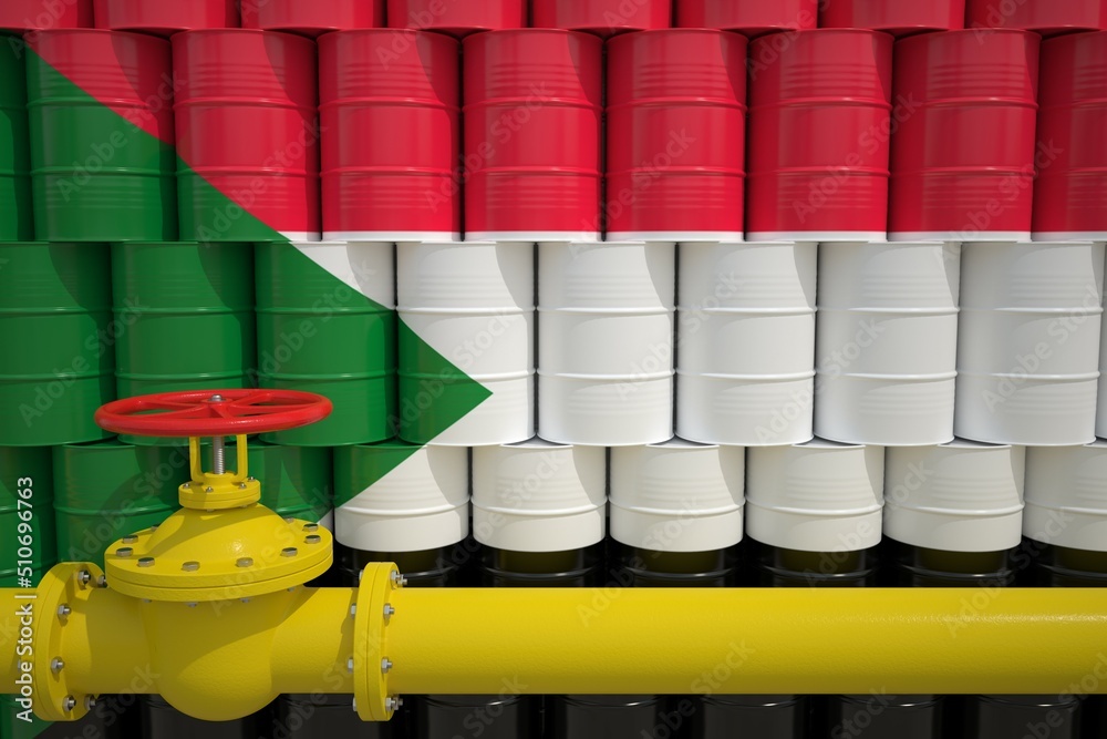 Barrels with flag of Sudan and gas transportation pipe. 3d rendering Barrels with flag of Sudan and gas transportation pipe. 3d rendering