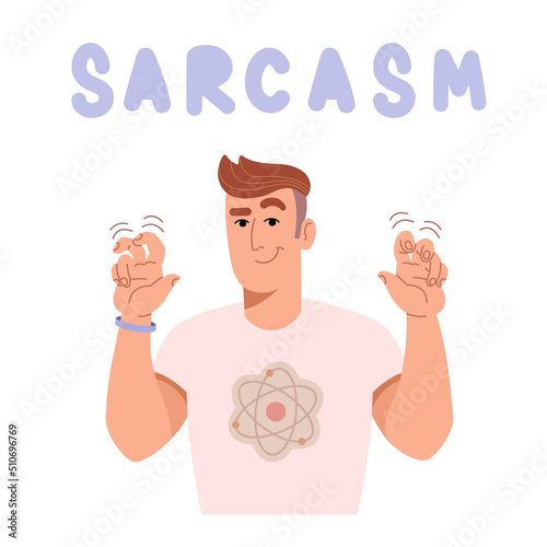 Smiling young man pointing with fingers quotation marks in flat style for print and design. Vector illustration.