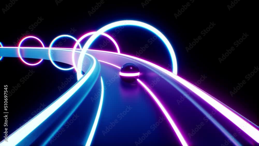 Rolling Ball on the Neon Lighting Metal Rail