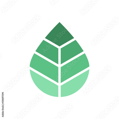 Green leaf logo design template. Biodegradable product concept. Geometric leaf divided in seven parts with color gradient. Abstract pine tree. Plant seed symbol. Vector illustration, flat, clip art.