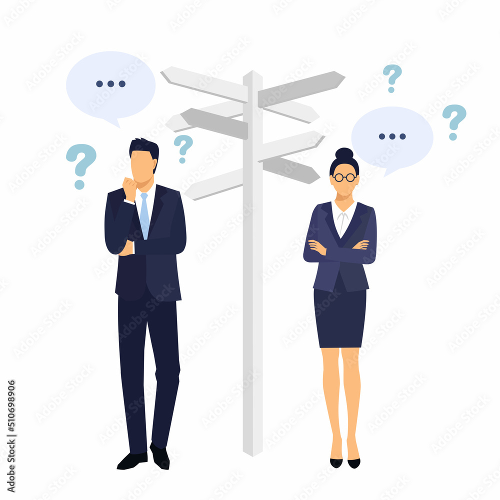 Man and woman Contemplates Dilemma. Business people concepts. People standing and looking directional signs arrows. vector illustration. Man and woman Contemplates Dilemma. Business people concepts. People standing and looking directional signs arrows. vector illustration.