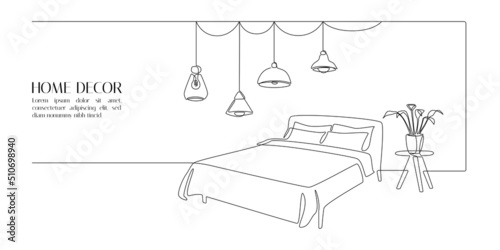 Continuous one line drawing of bed and table with plant and loft hanging lamps. Scandinavian furniture for cozy bedroom in simple linear style. Editable stroke. vector illustration