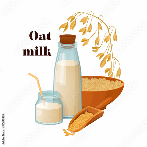 Vector set of alternative milk and its composition. Set of oat products with dry oat flakes in a bowl, grains in a ladle, and fresh ear is depicted. Concept healthy food, drinking with lactose less.