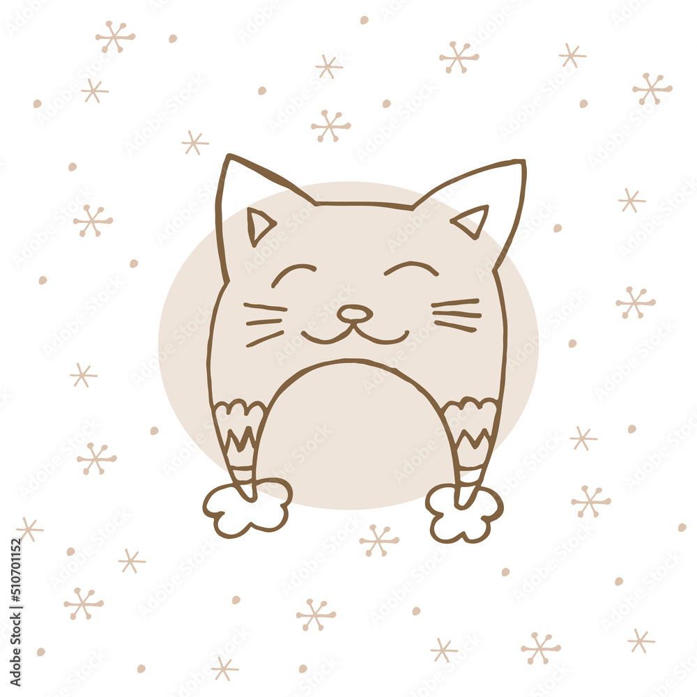 A hand-drawn winter clothing. Vector illustration in doodle style. Winter mood. Hello 2023. Merry Christmas and Happy New Year. Brown hat with ornament, pompon and cat ears on a white background.