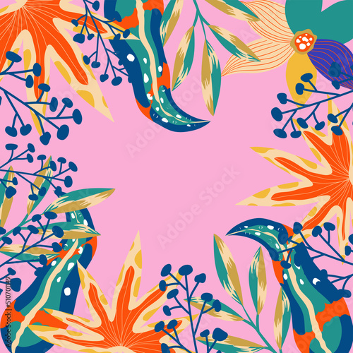 Abstract aesthetic background boho jungle with tropical leaves. Boho jungle in modern style. Ethnic leaf floral background art. Contemporary hand drawn flat design. Abstract tropical art.