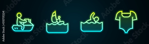 Set line Jet ski, Windsurfing, Swimmer and Swimsuit. Glowing neon icon. Vector