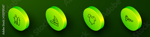 Set Isometric line Surfboard, Windsurfing, Swimsuit and Fishing harpoon icon. Vector