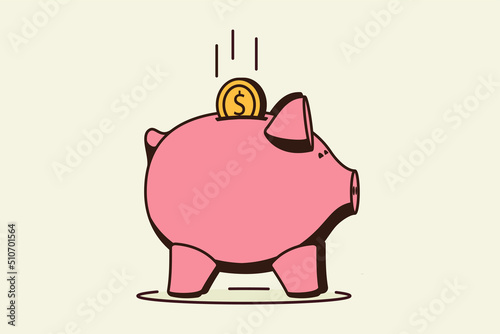 Outline piggy bank symbol. Piggy bank with falling coin