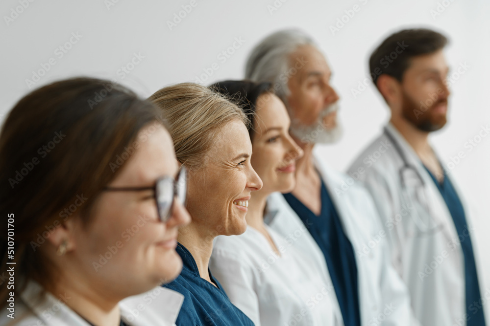 Group of professional doctors standing in a line at the modern clinic Group of professional doctors standing in a line at the modern clinic