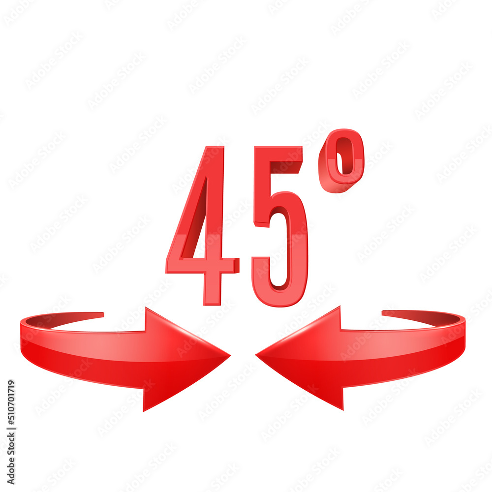 Red glossy 3D curve arrows and 45 degrees sing. Arrow vector icon. 3d vector icon.