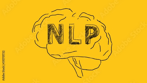 Neuro-linguistic programming. Hand drawing of the human brain in yellow with lettering NLP inside. photo