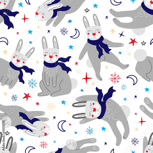 Seamless pattern with rabbits, snowflakes and stars. Rabbits seamless background.Symbol of 203 year. Vector illustration