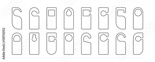 Door hanger vector, hotel sign template, hang tag, disturb mockup line icon, paper blank set isolated on white background. Warning illustration
