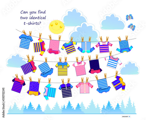 Logic puzzle game for children and adults. Can you find two identical t-shirts? Page for kids brain teaser book. Task for attentiveness. Sea life. IQ test. Play online. Vector cartoon illustration.