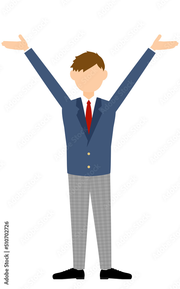 男子生徒、ブレザーの制服、両手を広げた万歳ジェスチャー