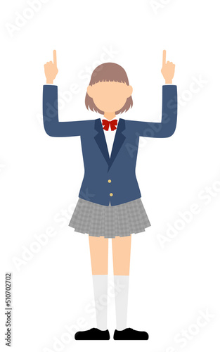 女子生徒、ブレザーの制服、両手で上を指さす