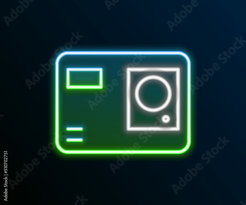 Glowing neon line Action extreme camera icon isolated on black background. Video camera equipment for filming extreme sports. Colorful outline concept. Vector