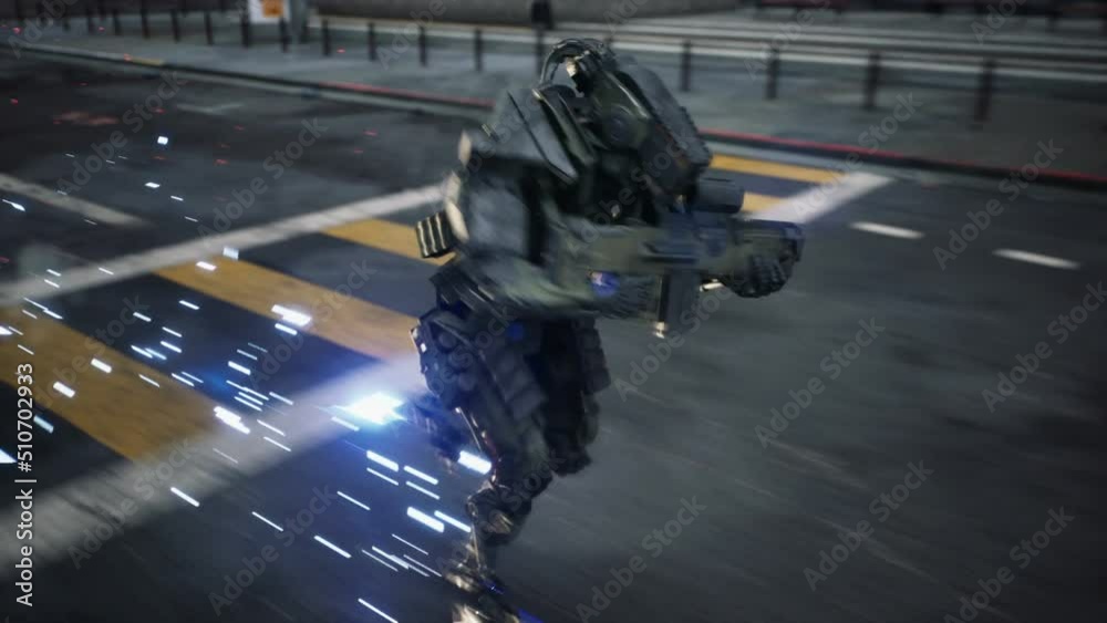 A robot soldier rushes on a mission in the technological city of the ...