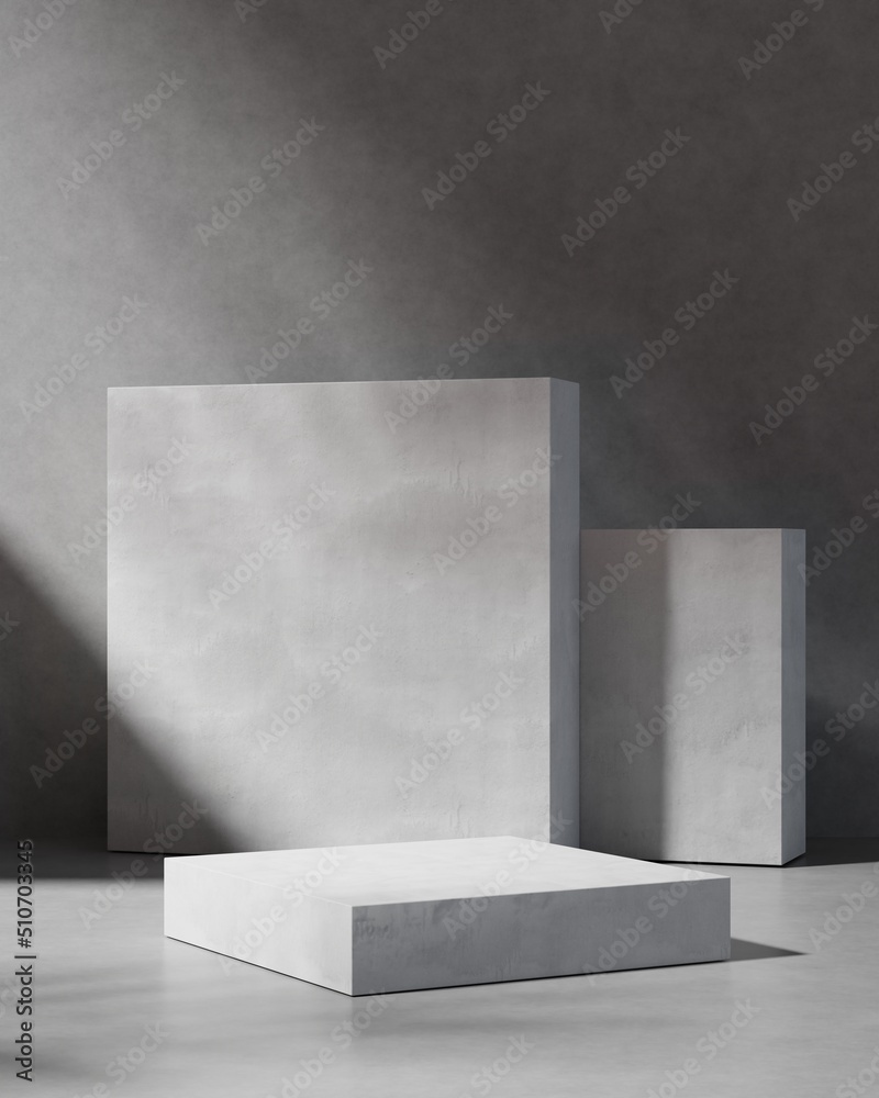 Empty minimal white podium or pedestal for product presentation. Empty showcase. Blank template advertise. Copy space cement background. Cosmetics or beauty promotion mockup 3d render illustration Empty minimal white podium or pedestal for product presentation. Empty showcase. Blank template advertise. Copy space cement background. Cosmetics or beauty promotion mockup 3d render illustration