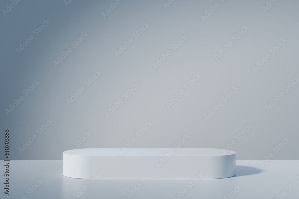 Blue podium on light background. Minimal pedestal cosmetic backdrop for product presentation. Stage showcase. 3d rendering Blue podium on light background. Minimal pedestal cosmetic backdrop for product presentation. Stage showcase. 3d rendering