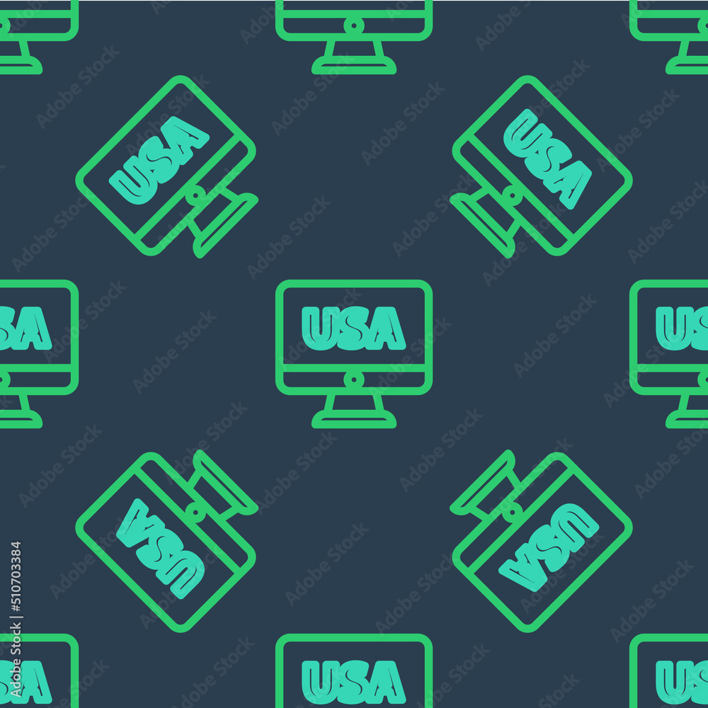 Line USA United states of america on monitor icon isolated seamless pattern on blue background. Vector