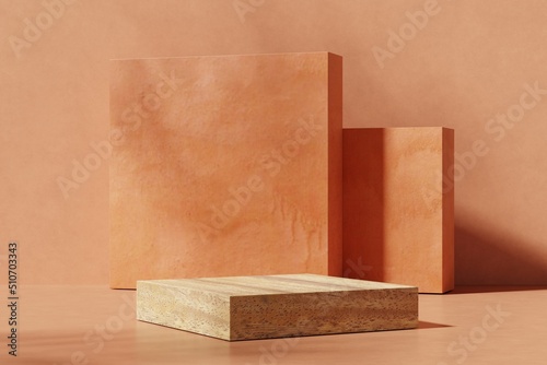 Fototapeta Naklejka Na Ścianę i Meble -  Minimalist wood pedestal or podium for product showcase orange background. Empty stage. Geometric shapes backdrop. 3d render illustration