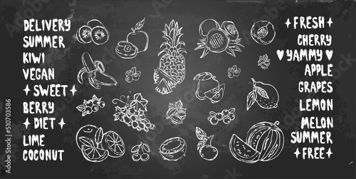 Vector set of fruits by chalk on blackboard, hand written words with decoration elements, chalckboard with tropical fruits for design's cafe menu and shop, elemets for kithen's interior