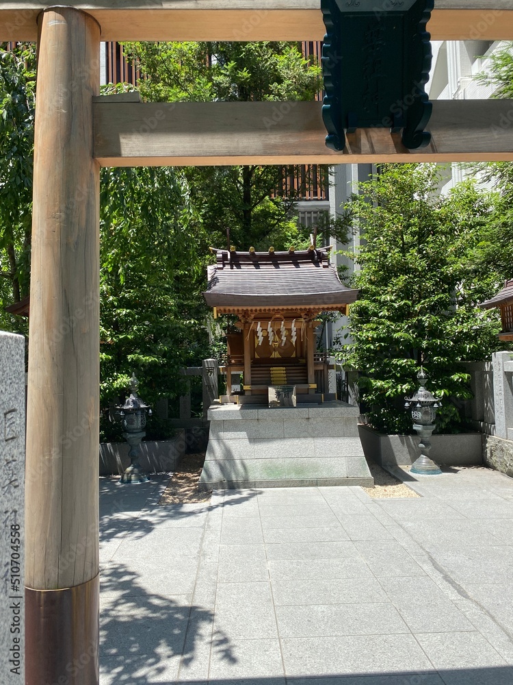 Little tiny shrine of Tokyo Japan, quaint scene on the street of Mitsukoshi area, year 2022 June 13th