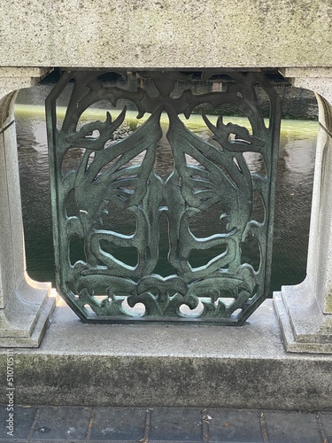 The iron fence details of the Nihonbashi bridge over the Nihonbashi river completed in 1911, fly high “Kirin” motif, major landmark in central Tokyo, shot taken on year 2022 June 13th photo