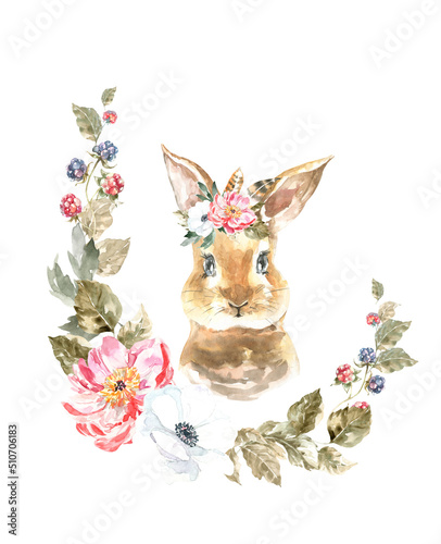 Watercolor woodland animal boho bunny botanical frame isolated cute animal. Nursery woodland illustration. Bohemian boho animals for baby shower invitation, nursery decor, print, greeting card diy