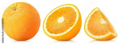 whole, half and slice of orange in a row on isolated white background