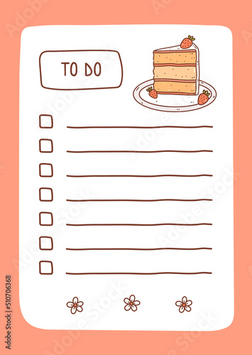 To do list template decorated by strawberry cake. Cute design of schedule, daily planner or checklist. Vector hand-drawn illustration. Perfect for planning, notes and self-organization.