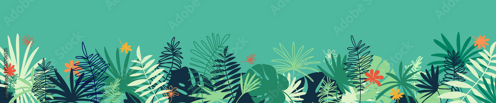 Vector tropical horizontal banner with copy space. Floral background with various palm leaves. Jungle summer backdrop. - obrazy, fototapety, plakaty 