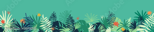 Vector tropical horizontal banner with copy space. Floral background with various palm leaves. Jungle summer backdrop. photo