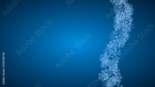 New Year snowflakes on blue background with sparkles. Horizontal Christmas and New Year snowflakes  falling. For season sales, special offer, banners, cards, party invites, flyer. White frosty snow