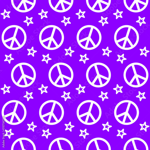 Purple peace sign pattern with stars. Seamless hippie vector background. Bright peaceful abstract feminine wallpaper.