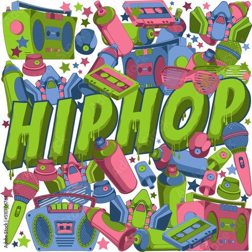 Hiphop Themed illustration Design with cool gadgets like boombox casette tape gasmask spraycans and more