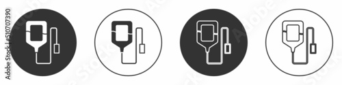 Black IV bag icon isolated on white background. Blood bag. Donate blood concept. The concept of treatment and therapy, chemotherapy. Circle button. Vector