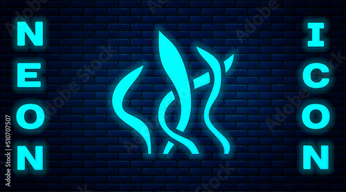 Glowing neon Seaweed icon isolated on brick wall background. Underwater seaweed spirulina, aquatic marine algae plant. Vegan and vegetarian food. Vector