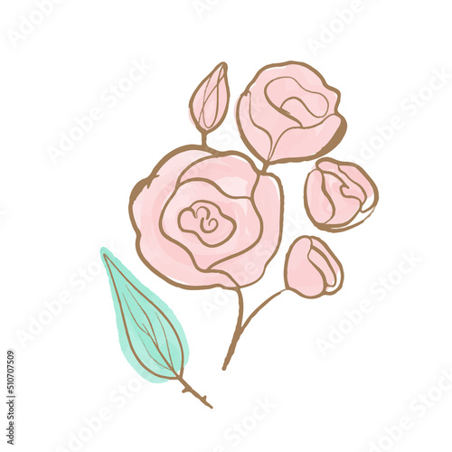 Vector Delicate pink rose flower with golden trim. Watercolor hand drawn illustration. Flower for wedding design.