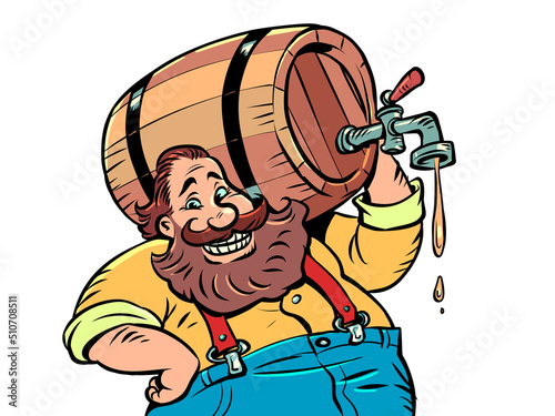 A man with a wooden barrel of beer. Alcoholic drink. Bavarian German tradition