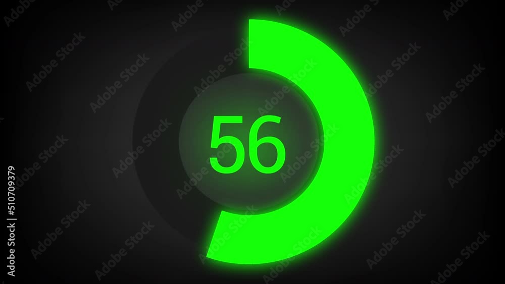 Numerical counting from 0 to 56. Circular progress bar with bright neon green light Numerical counting from 0 to 56. Circular progress bar with bright neon green light