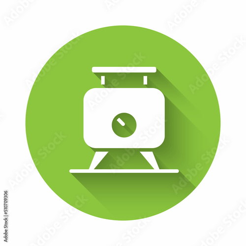 White Metal tank with grape juice as alcoholic fermentation icon isolated with long shadow background. Green circle button. Vector