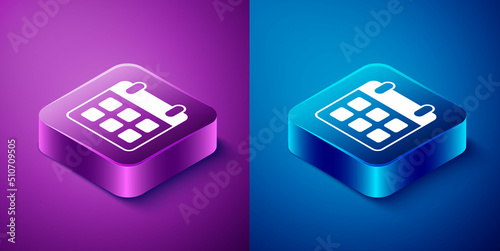 Isometric Travel planning calendar and airplane icon isolated on blue and purple background. A planned holiday trip. Square button. Vector