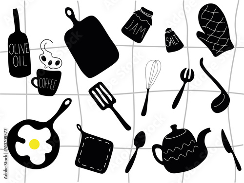Seamless pattern of kitchen utensils made in the style of flat art