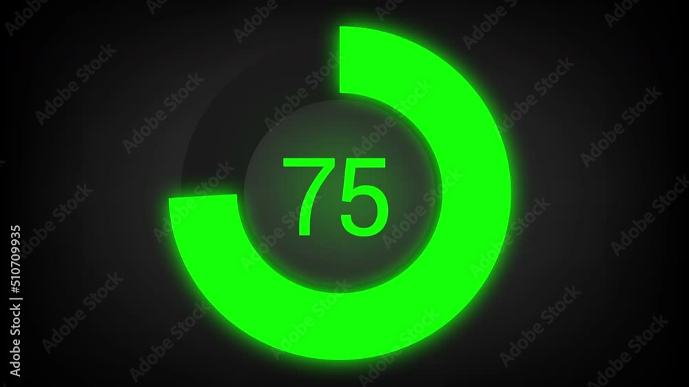 Numerical counting from 0 to 75. Circular progress bar with bright neon green light Numerical counting from 0 to 75. Circular progress bar with bright neon green light