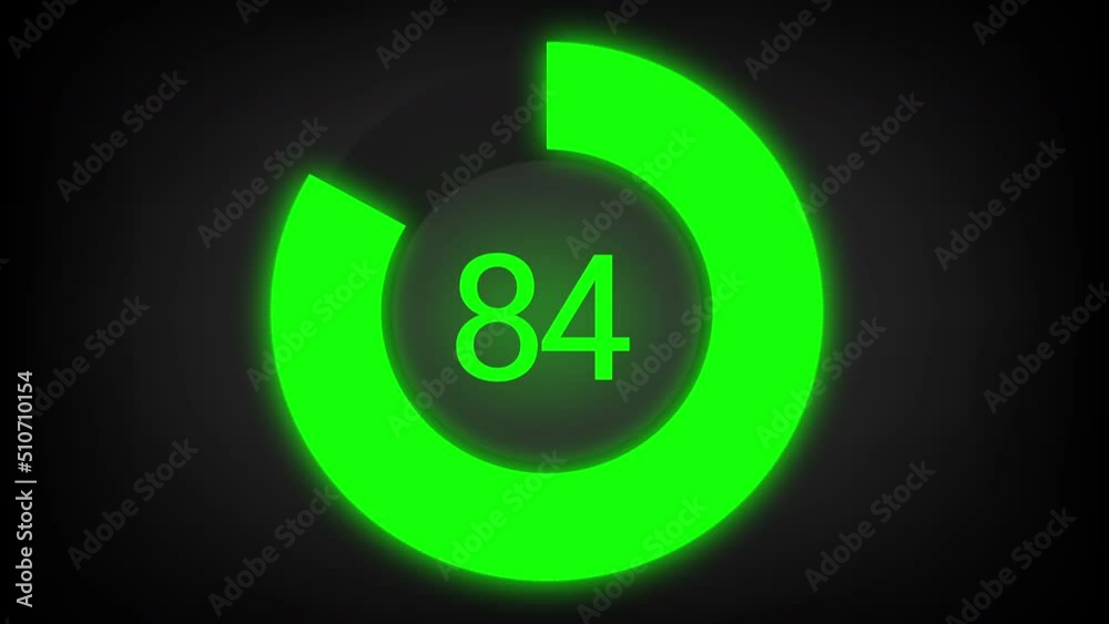Numerical counting from 0 to 84. Circular progress bar with bright neon green light Numerical counting from 0 to 84. Circular progress bar with bright neon green light