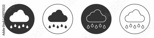 Black Cloud with rain icon isolated on white background. Rain cloud precipitation with rain drops. Circle button. Vector
